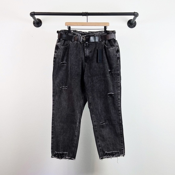 NWT City Chic Belted High Rise Paperbag Straight Leg Distressed Jeans Black - Picture 4 of 7